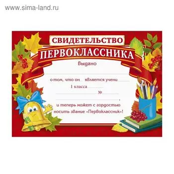 Свидетельство первоклассника, 210х245 мм