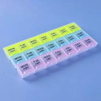 Таблетница - органайзер «Неделька», английские буквы, утро/день/ночь, 21,5 11 2 см, 21 секция, разноцветная