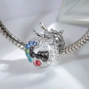 Талисман "Единорог" сердечко, цветной в серебре