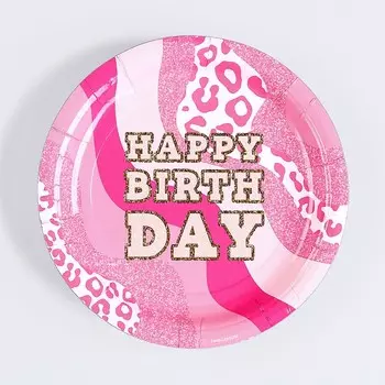 Тарелка бумажная Happy Birthday, фуксия, 18 см