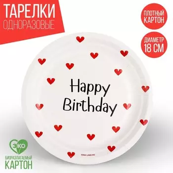Тарелка одноразовая бумажная Happy Birthday, 18 см