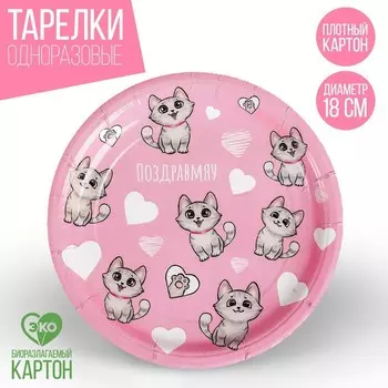 Тарелка одноразовая бумажная "Поздравмяу", 18 см