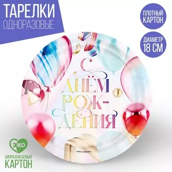 Тарелка одноразовая бумажная "С Днём Рождения", шары, 18 см