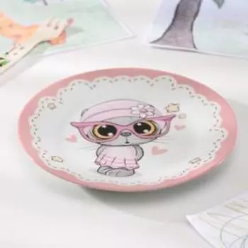 Детская тарелка Доляна «Котик», d=17.5 см, керамика, белая