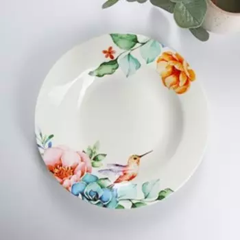 Тарелка глубокая Доляна «Пташка», d=20.2 см, фарфор, белая