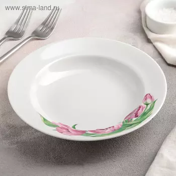 Тарелка глубокая «Розовые тюльпаны», 225 мл, d=20 см, белая, фарфор
