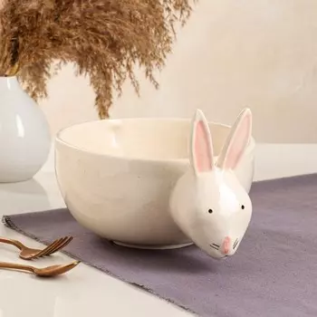 Тарелка "Зайчик", символ года 2023, глубокая, белая, керамика, d=18 см, 1.6 л, Иран