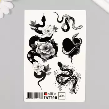 Татуировка на тело "Ч/Б змеи и цветы" 10х15 см