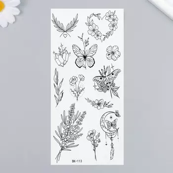 Татуировка на тело черная "Бабочки и растения" 19х9,5 см