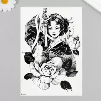 Татуировка на тело черная "Девушка-самурай" 21х14,8 см