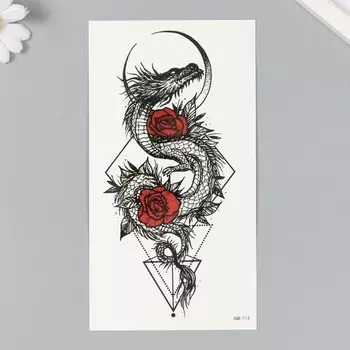 Переводная тату на тело чёрная, цветная «Дракон, розы и геометрия», 11.421 см