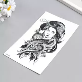 Татуировка на тело чёрная "Гейша со змеёй" 21х11,5 см