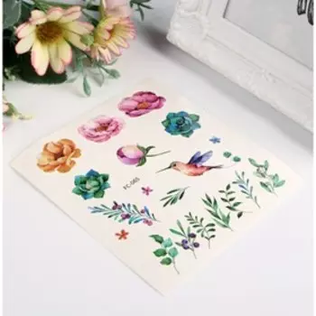 Татуировка на тело цветная "Цветы, кактусы и разнотравье" 12х10,5 см