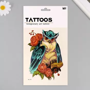 Переводная тату на тело цветная «Сова в пионах», 26.114.6 см