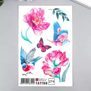 Татуировка на тело "Цветы, птицы" 10х15 см
