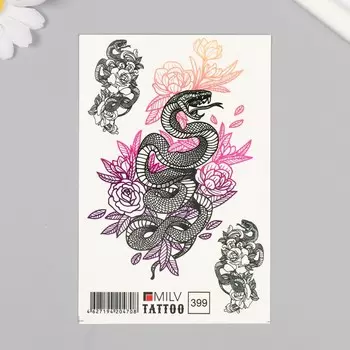 Татуировка на тело "Змея в розах" 10х15 см