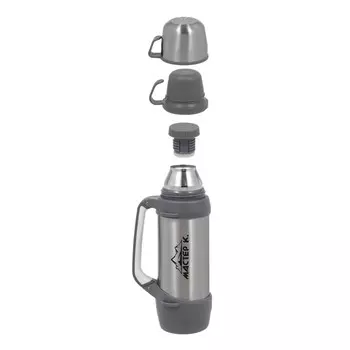 Термос Мастер К «Тропа», 1 л, с двумя кружками, сохраняет тепло до 12 ч, нержавеющая сталь, серый