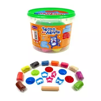 Тесто для лепки 10 цветов по 70 г + 10 формочек, скалка в ведре