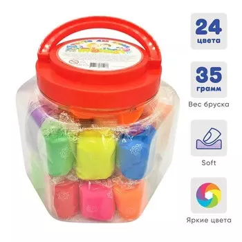 Тесто для лепки 24 цвета, 840 г, "Игротека" в пластиковом ведре + 6 штампов