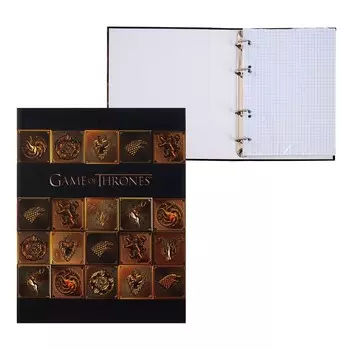 Тетрадь 120 листов в клетку на 4-х кольцах "Игра престолов", твёрдая обложка, глянцевая ламинация, блок офсет, индивидуальная упаковка