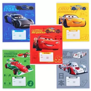 Тетрадь в клетку 12 листов, 5 видов МИКС, обложка мелованный картон, «Тачки»