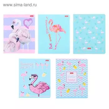 Тетрадь 18 листов, в клетку, "Фламинго", тиснение, обложка мелованный картон, 5 дизайнов в блоке