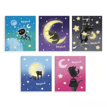 Тетрадь 48 листов в клетку "Чёрный кот", обложка мелованный картон, глиттер, тиснение фольгой, МИКС