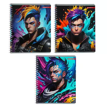 Тетрадь 60 листов в клетку на гребне "Яркие парни", обложка мелованный картон, УФ-лак, МИКС