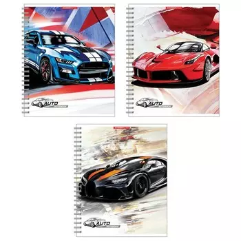 Тетрадь 96 листов в клетку на гребне "Спорткар", обложка мелованный картон, текстура, МИКС