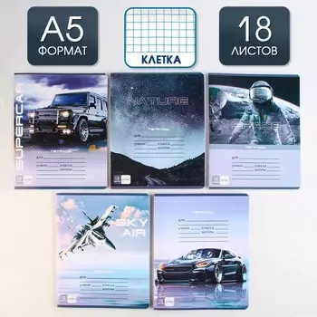 Тетрадь в клетку 18 листов А5, на скрепке Grey, 5 видов МИКС, белизна 96% .