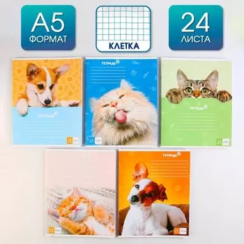 Тетрадь в клетку, 24 листа, А5, на скрепке, блок №1 «Милые питомцы» МИКС