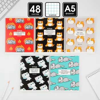 Тетрадь в клетку, 48 л., А5, на скрепке, блок №1 «Котики приколы» МИКС