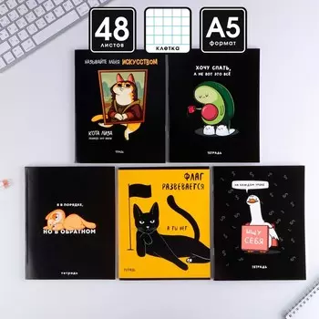 Тетрадь в клетку, 48 л., А5, на скрепке, блок №1 «Персонажи приколы» МИКС