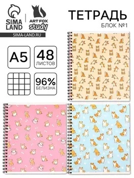 Тетрадь в клетку, 48 л., А5, на спирали, блок №1 «Корги» МИКС