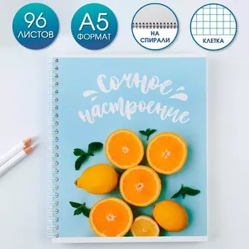 Тетрадь в клетку, 96 л., А5, на спирали, блок №1«Сочное настроение»