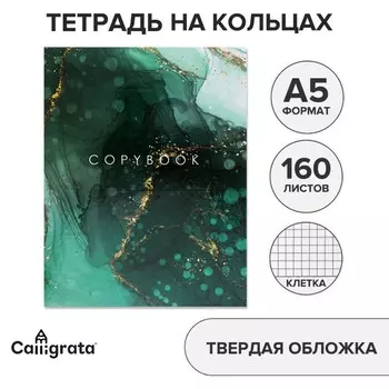 Тетрадь на кольцах A5 160 листов в клетку Calligrata «Зелёный мрамор», обложка 7БЦ, без вырубки под кольца, блок офсет