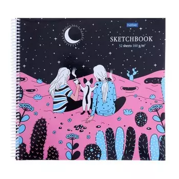 Тетрадь-скетчбук 290х290 мм, 32 листа на гребне "Под звездным небом", обложка мелованный картон, глянцевая ламинация, блок 160 г/м, с пошаговыми эскизами
