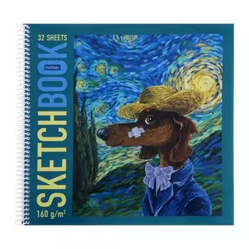 Тетрадь-скетчбук 290х290 мм, 32 листа на гребне "Такса-Ван Гог", обложка мелованный картон, глянцевая ламинация, блок 160 г/м, с пошаговыми эскизами