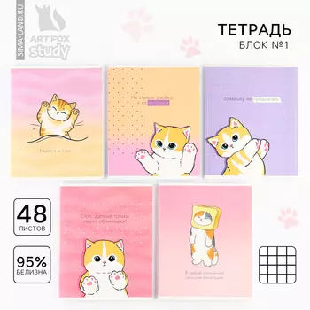 Тетрадь в клетку, 48 л., А5, на скрепке, блок №1 «Котик с лапками» МИКС