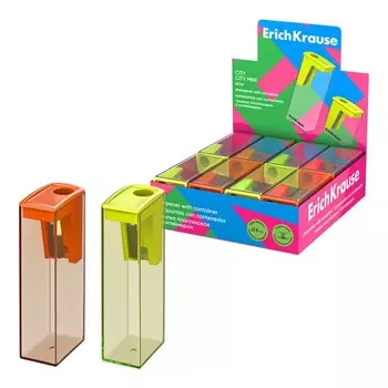 Точилка 1 отверстие ErichKrause "City" Neon, с контейнером, пластиковая, МИКС