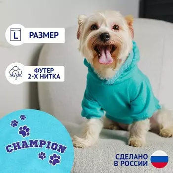 Толстовка Champion для собак (футер), размер L (ДС 30, ОШ 38-40, ОГ 52-56), голубая