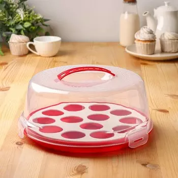 Тортовница с крышкой Доляна, съёмная подставка для пирожных, 13 ячеек, d=28 см, красная