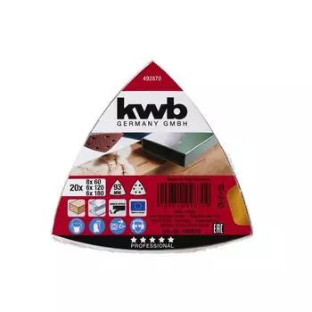 Треугольник шлифовальный KWB DELTA, 93х93х93 мм, К40, оксид алюминия, липучка, 20 шт