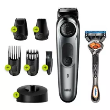Триммер для бороды и усов Braun BT7240 + Бритва Gillette, 3 насадки, 2 кассеты, серый