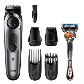 Триммер для бороды и усов Braun BT7240 + Бритва Gillette, 3 насадки, 2 кассеты, серый