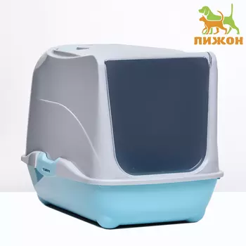 Туалет-домик для кошек закрытый с дверцей 433233 см, бирюзово-серый