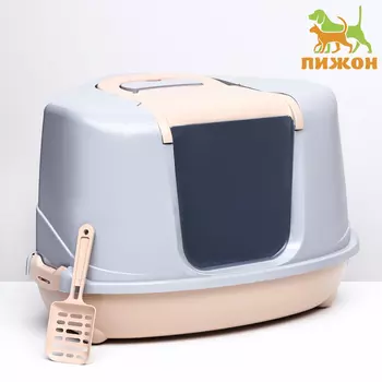 Туалет-домик угловой для кошек закрытый с дверцей 574637 см, бежево-серый