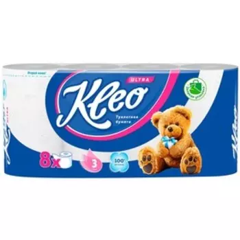 Туалетная бумага Kleo Ultra, 3 слоя, 8 рулонов, с перфорацией и тиснением, белая