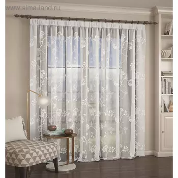 Тюль с вышивкой, размер 300 х 260 см, имитация льна, белый