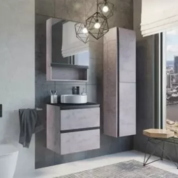 Тумба-умывальник Comforty «Эдинбург-60-2», бетон светлый с чёрной столешеницей, с раковиной 9111